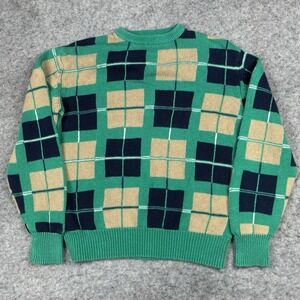 Vintage Izod Club Linen Blend Crewneck Sweater Mens M Green Irish Plaid Pullover